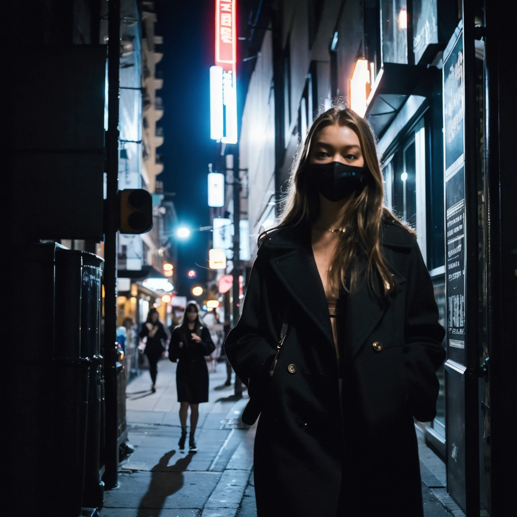 (Cinematic Aesthetic:1.4) Photo of a city night gigi hadid walking with black mask