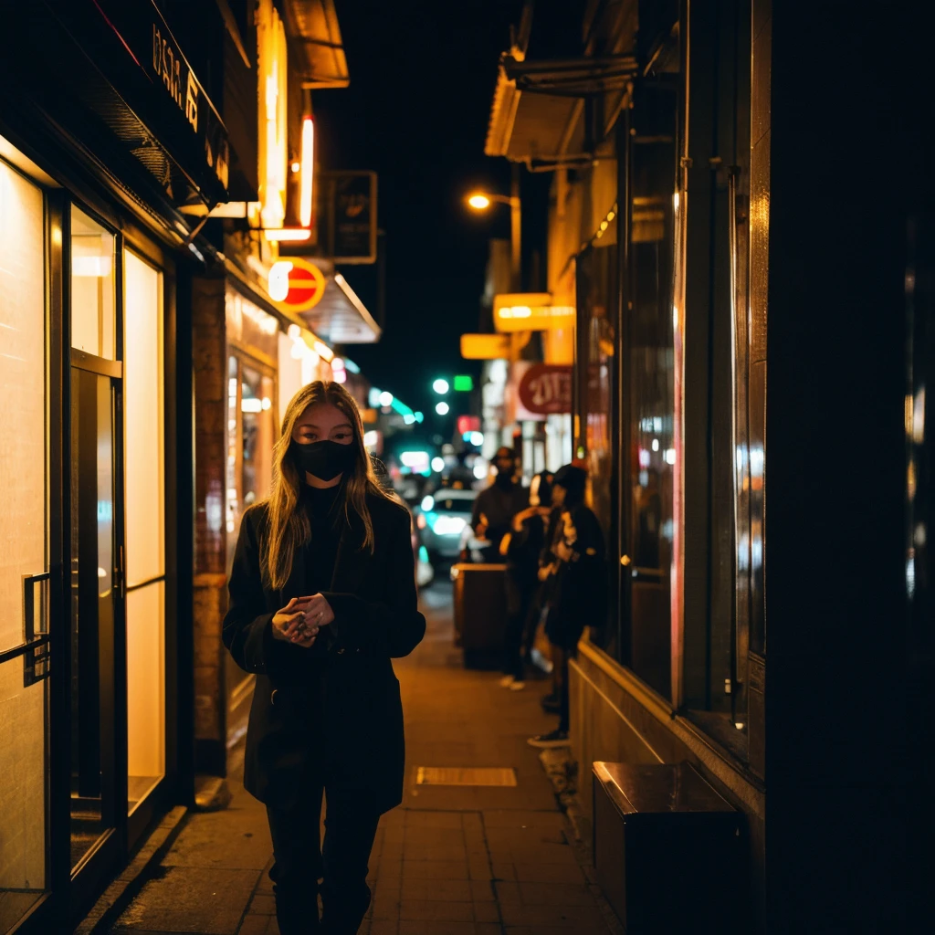 (Cinematic Aesthetic:1.4) Photo of a city night gigi hadid walking with black mask