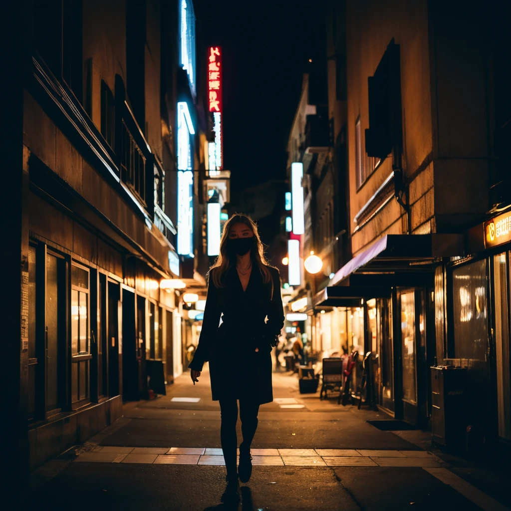 (Cinematic Aesthetic:1.4) Photo of a city night gigi hadid walking with black mask