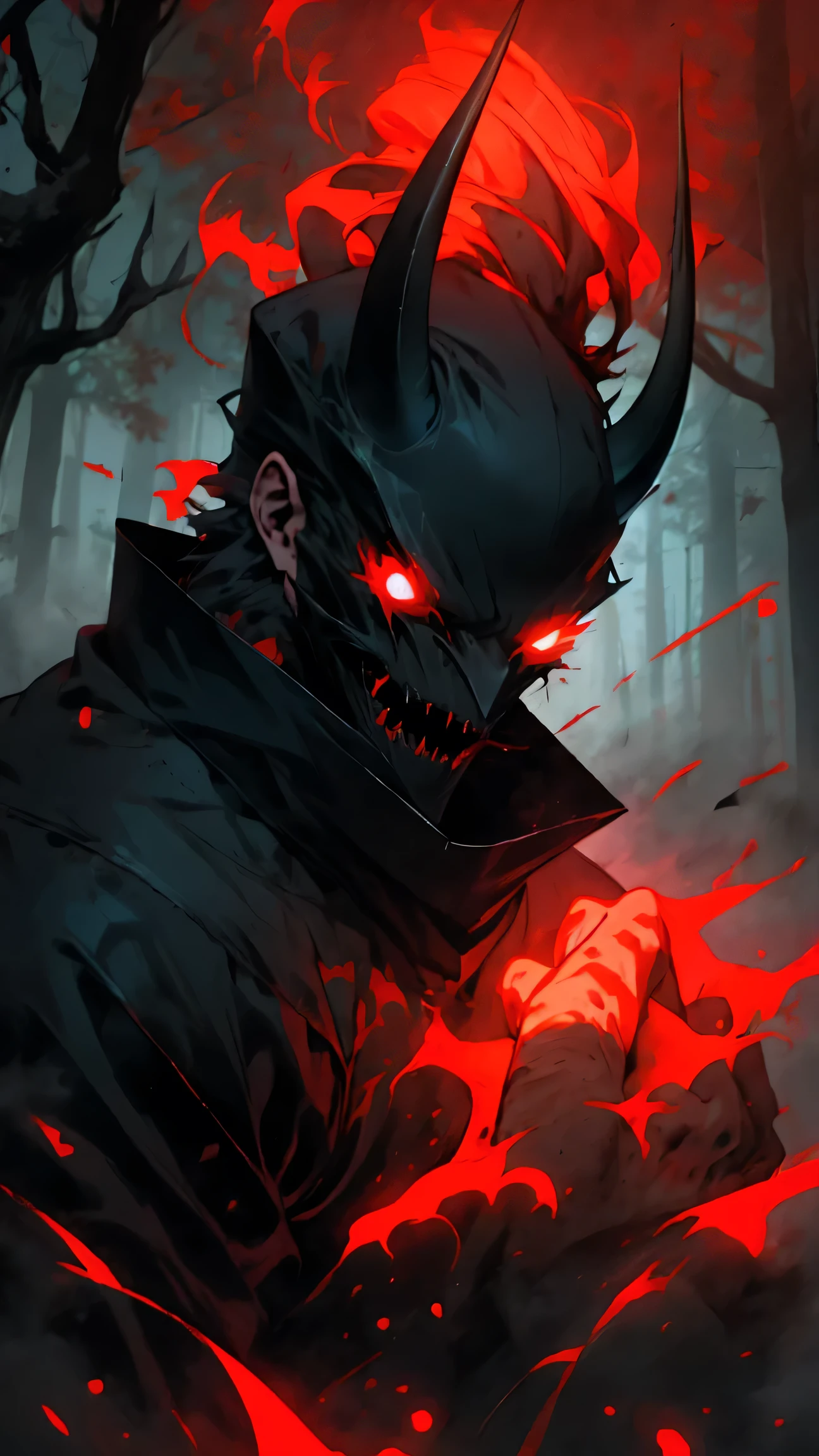 (detailed horns mask:1.2),(dark,evil) atmosphere,(mysterious,ominous,gritty) texture,1demonic character,sharp fangs,glowing red eyes,long sharp horns,pale skin,black claws,overgrown dark forest,ominous moonlight,heavy fog,spooky ambiance,bloody red color scheme,haunting shadows,creepy mist,horror genre,nightmarish,dynamic lighting,high contrast,ethereal feel,vivid colors