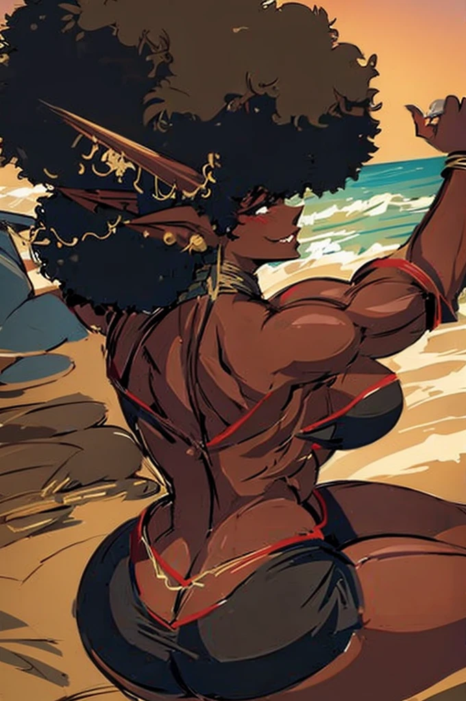 (masterpiece, best quality:1.2),1 girl, voluptuous body, full body, masterpiece, dominant pose, good anatomy, no extra limbs, big ass, thick thighs, black hair, voluminous afro, pointy ears, gold earrings, black top with red details, black skirt with red details, gold necklaces wide hips rear view