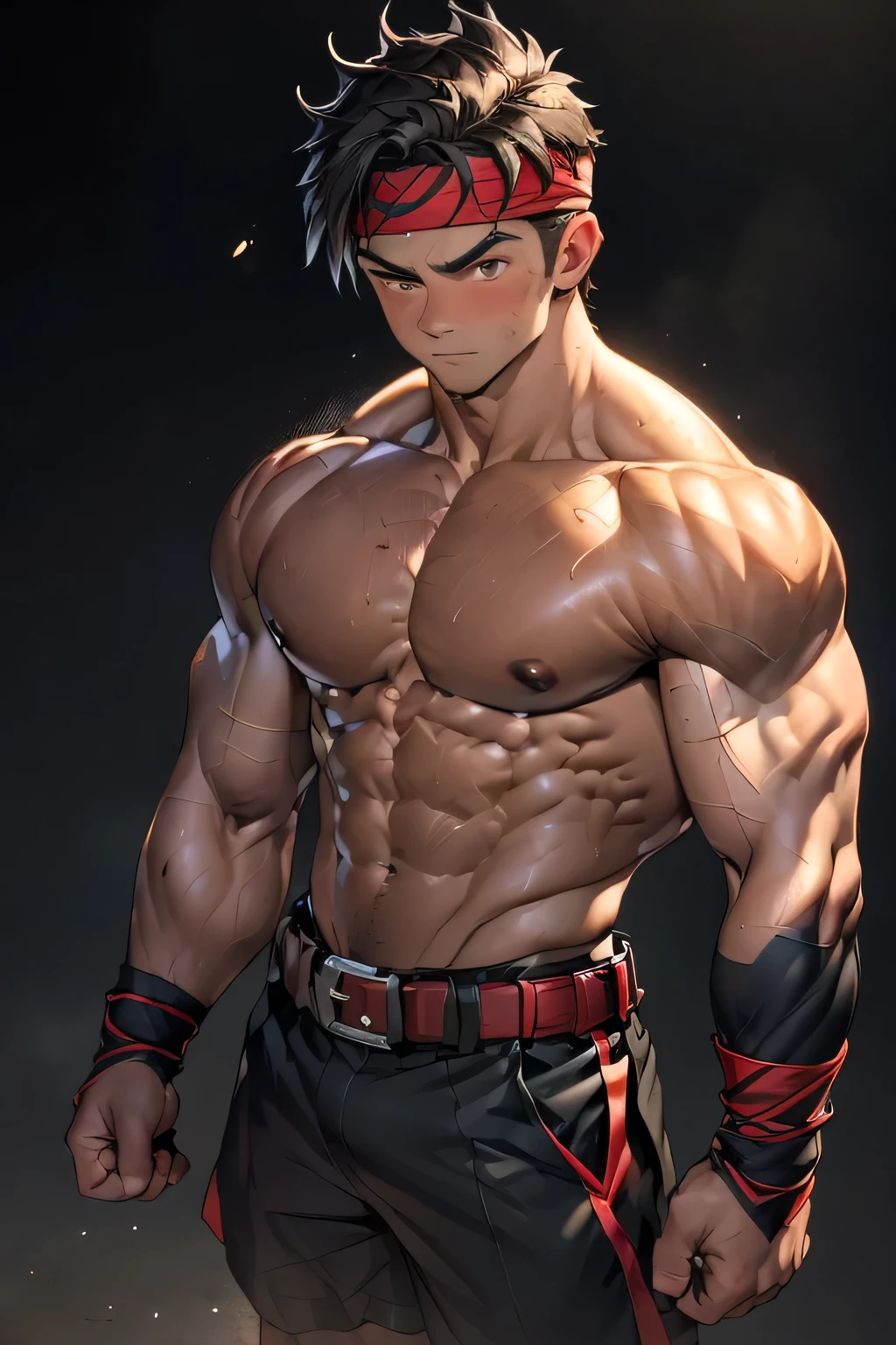 (Masterpiece, Best quality 19 year old boy, black background), solo, Young, boy, muscler, (Dark Short straight hair, under cut, brown eyes, topless), (red headband, ((fingerless gloves, belt, black wristband))), (((trapezoid torso, beefy body, defined round beefy pectorals, defined washboard abs))), (hot Abs:1.2, abs!, big abs, big breast:1.2, chest!, upper arms), Vivid colors, muscler body, (aura power:1.4), detailed face, detailed muscle, (((A magical mystical aura, rippling muscles, chilling atmosphere, subtle color tones, intense action scene)))
