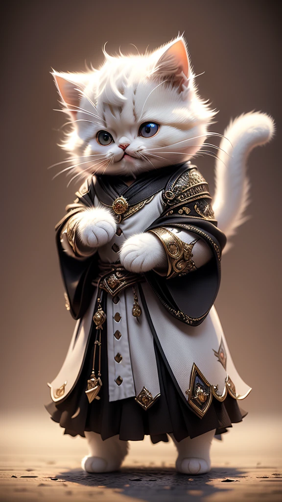 masterpiece、highest quality、super detailed、(Chibi Chara White Cat:1.2),realistic cat,Detail coat,wizard ,Royal Hall,laughter,full body standing,