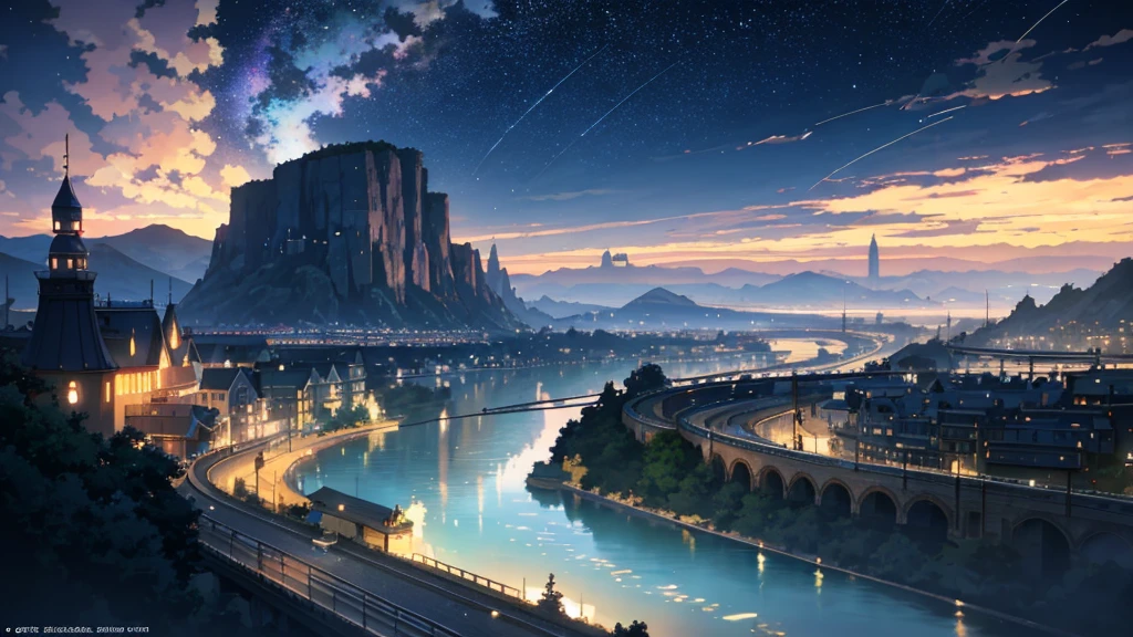 High quality masterpiece ,landscape,Animated train passing through water on the tracks, Starry Sky。Romantic Train,Pixiv,Concept Art,Lofi Artスタイル,Reflective plate。 by Makoto Shinkai, Lofi Art, Beautiful anime scene, アニメのlandscape, 詳細なlandscape —幅672, in Makoto Shinkai's Style, Makoto Shinkai's Style,Detail enhancements。