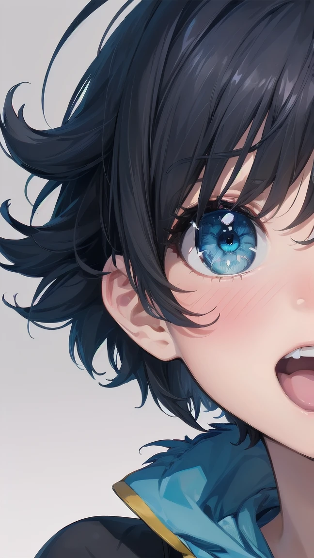 Close-up of a cartoon girl with blue hair and a yellow shirt, 2D Animation, 2D Animation style, 2D Art, 2D Art, 2D from Gorillaz, 2D from Gorillaz, 2D Gorillaz, Screaming Cerket, 2D Sprites, Jinx Face, short hair, Small breasts, hot pants, ((Black Hair, Bright blue fur inside:1.4))