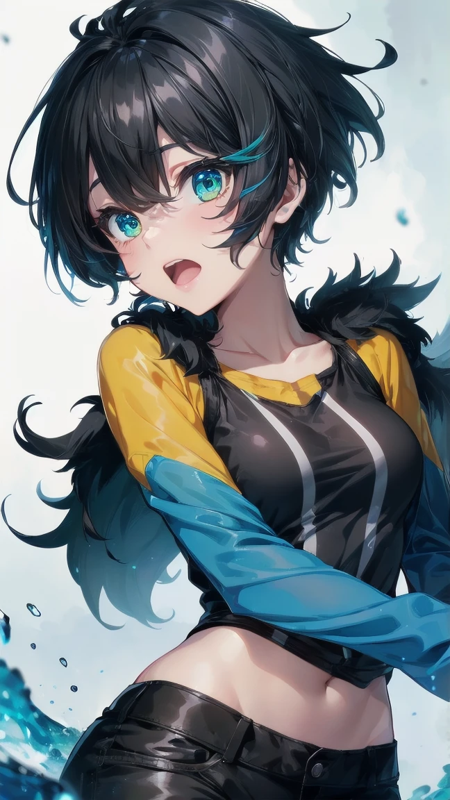 Close-up of a cartoon girl with blue hair and a yellow shirt, 2D Animation, 2D Animation style, 2D Art, 2D Art, 2D from Gorillaz, 2D from Gorillaz, 2D Gorillaz, Screaming Cerket, 2D Sprites, Jinx Face, short hair, Small breasts, hot pants, ((Black Hair, Bright blue fur inside:1.4))
