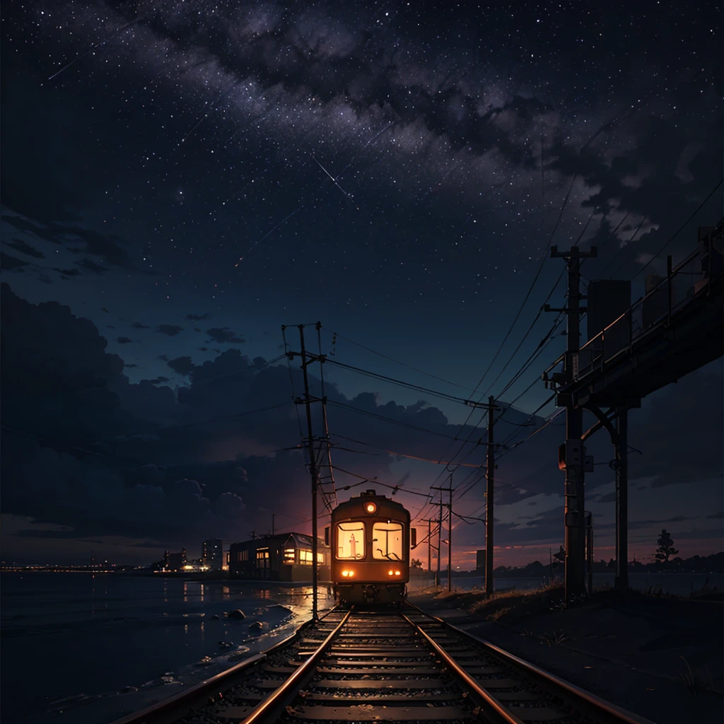 High quality masterpiece ,landscape,Animated train passing through water on the tracks, Shining starry sky。Romantic Train,irritating,Concept Art,Lofi Art style,Reflective plate。 by Makoto Shinkai, Lofi Art, Beautiful anime scene, アニメのlandscape, 詳細なlandscape —幅672, In the style of Makoto Shinkai, Makoto Shinkai's Style,Detail enhancements。