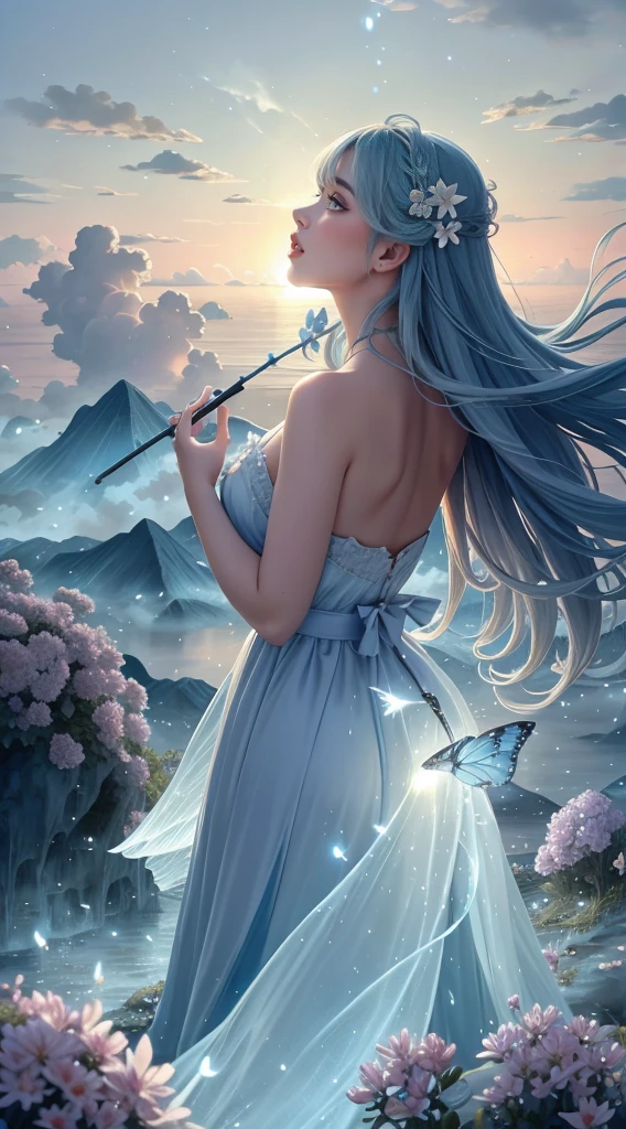 Blue sky, white clouds floating in the distance, a  standing on a flower sea, holding a fairy wand in her hand to summon flying fireflies around her. The background is full of large and small cloud flowers, creating an atmosphere of fantasy and dreamy blue tones. In the style of a high definition anime, with high resolution. A panoramic view from above, capturing the vastness of nature. Soft lighting creates a warm feeling.