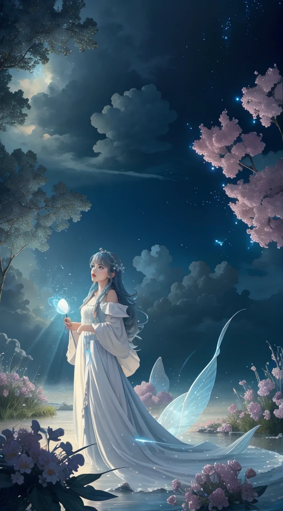 Blue sky, white clouds floating in the distance, a  standing on a flower sea, holding a fairy wand in her hand to summon flying fireflies around her. The background is full of large and small cloud flowers, creating an atmosphere of fantasy and dreamy blue tones. In the style of a high definition anime, with high resolution. A panoramic view from above, capturing the vastness of nature. Soft lighting creates a warm feeling.