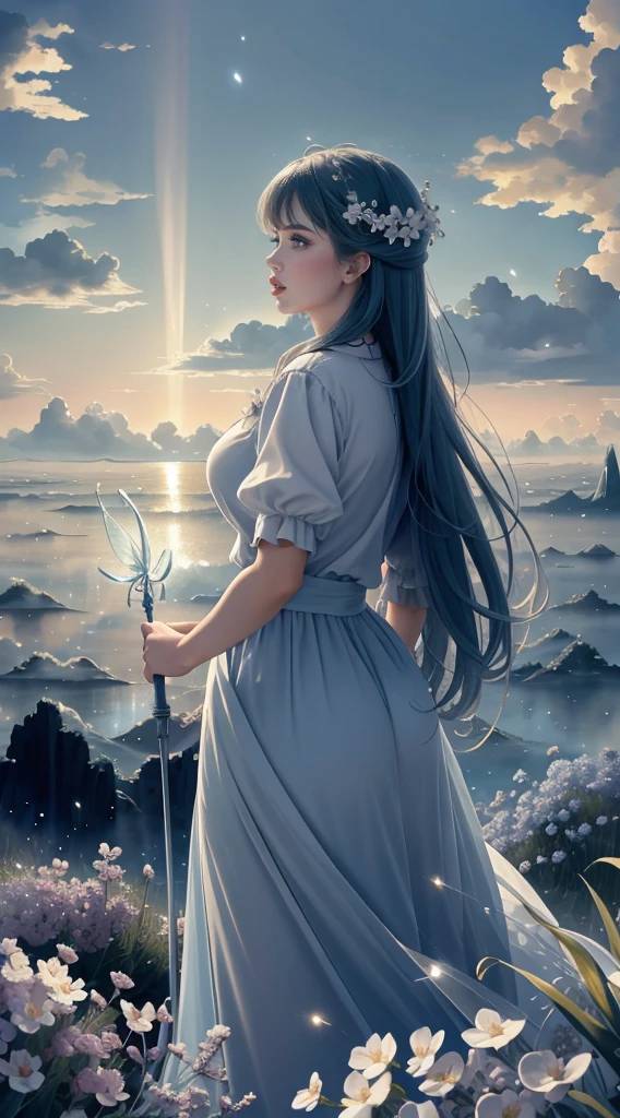 Blue sky, white clouds floating in the distance, a standing on a flower sea, holding a fairy wand in her hand to summon flying fireflies around her. The background is full of large and small cloud flowers, creating an atmosphere of fantasy and dreamy blue tones. In the style of a high definition anime, with high resolution. A panoramic view from above, capturing the vastness of nature. Soft lighting creates a warm feeling.