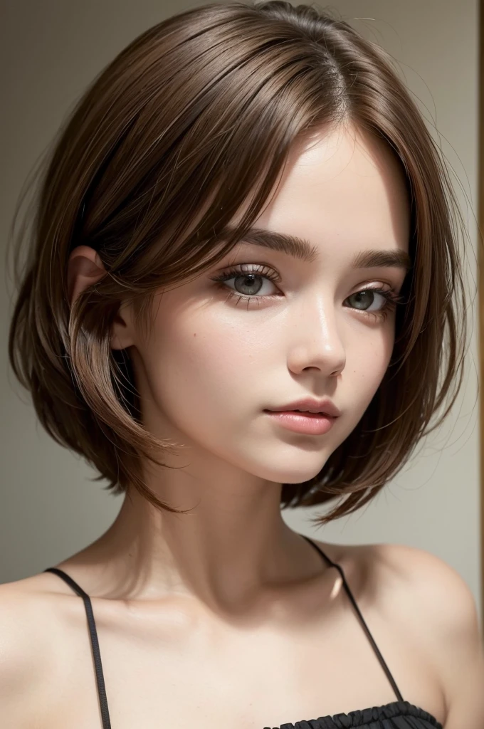 ((best quality)), ((masterpiece)), (detailed), perfect face uma mulher de 21 anos, cabelos andulados no corte micro bob com partilha, cor de cabelo marrom escuro.