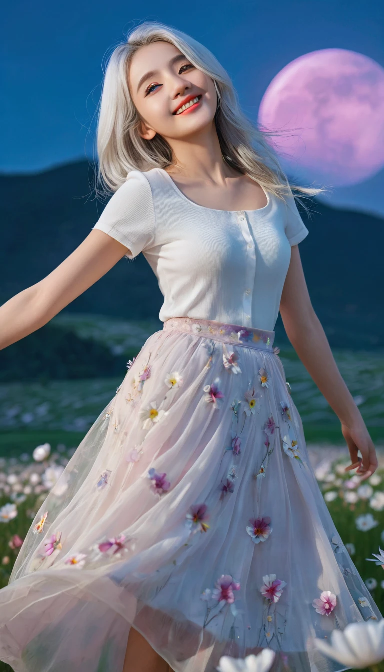 masterpiece, best quality, 1 Girl, (rich and colorful),(Beautiful eyes and delicate face),cinematic Lighting,Half-length photo,Extremely detailed CG unity 8k wallpaper,White hair,Solitary,Smile,Delicate skirt,((Flying petals)),(Flowering meadow) Sky, cloudy_Sky, architecture, moonLight, moon, night, (Dark theme:1.3), Light, fantasy,