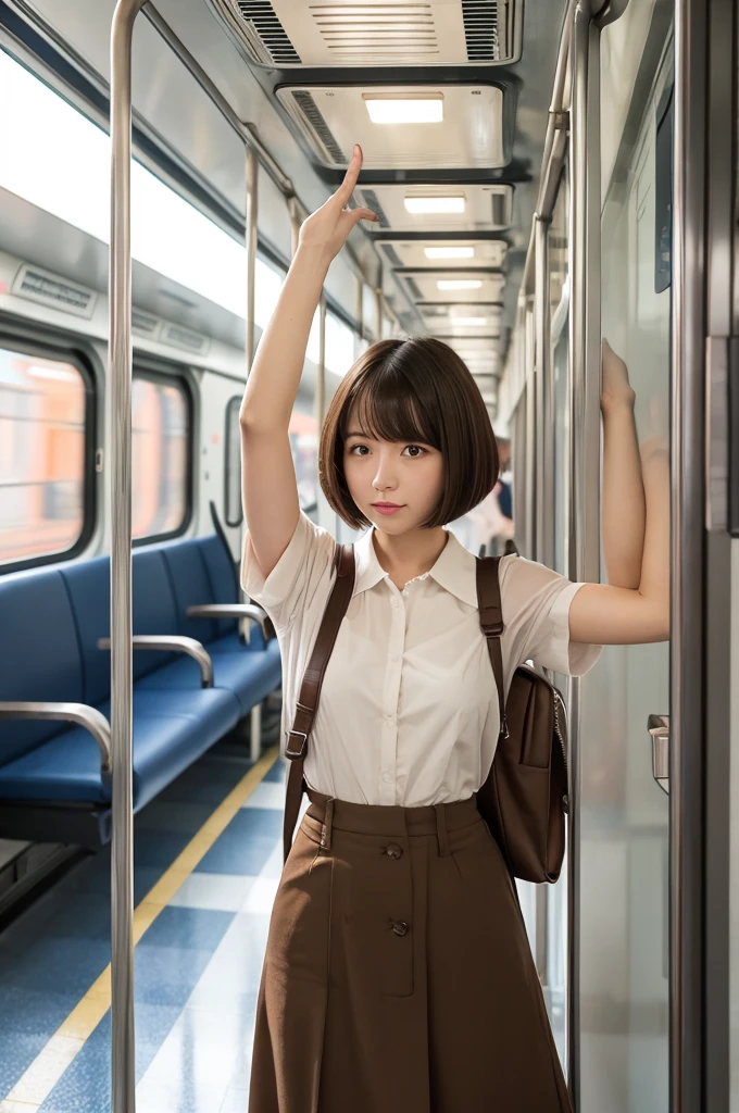 1woman, idol, bob cut, short hair, brown hair, camisole、Culottes skirt、 train, inside a train, grab a strap, 20s, office lady, carrying a backpack,