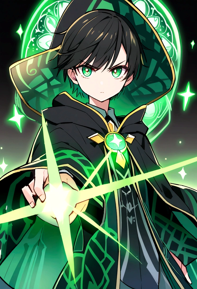 a magical girl with healing powers, tosca eyes, short black hair like a boy, wearing a black and green magical academic uniform with a wizard's hat and a large wand in her hand, wearing a cool black magic robe with green patterns