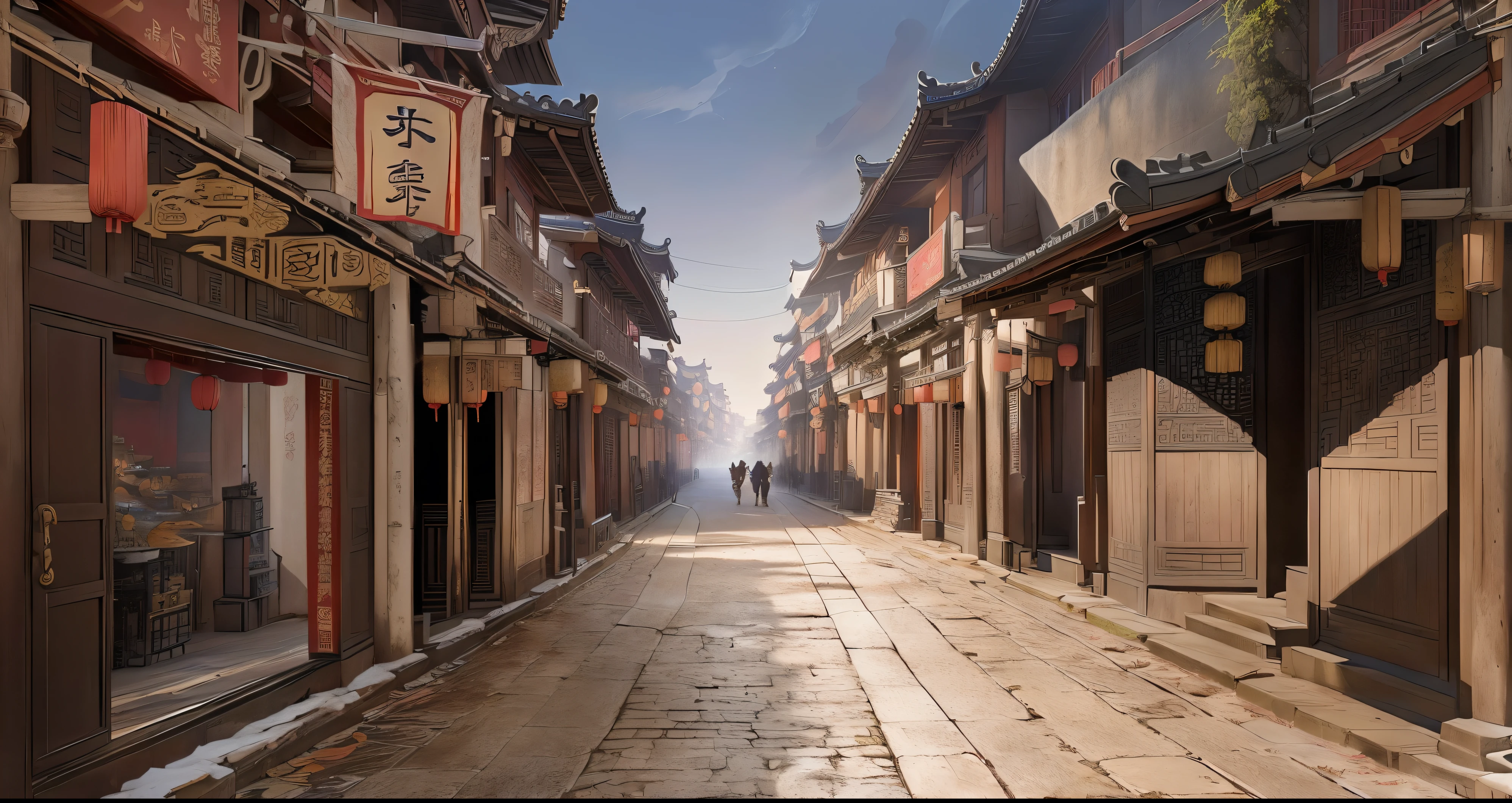 There is a painting,The picture shows a street with many buildings, The ancient city streets behind her, Chinese streets, Dreamy Chinatown, Beautiful rendering of the Ming Dynasty, China Town, Traditional Chinese Concept Art, old asian village, Ancient city landscape, China Village, Anime Landscape Concept Art, old Chinese streets market, Dressed in vintage street clothes, China city, Chinese feudal background