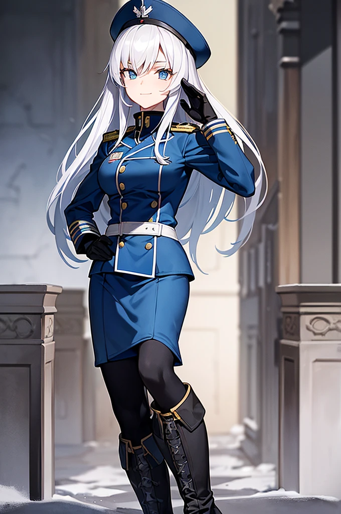 Content: An anime woman in a military uniform with a sword visible in a scabbard. She wears a hat inspired by WW2 German military generals and her design is loosely based on Erika Itsumi from Girls und Panzer. She has light blue eyes, white hair that ends halfway down her back, and knee-high military boots. Her hat has a symbol of a dragon, and she wears a confident smile. She is very mature looking. Hands on her hips. Medium: Digital art, anime illustration. Style: Pixiv contest winner, fine art, with elements inspired by historical military aesthetics and anime character design. Lighting: Dramatic, with strong contrasts to highlight her authoritative presence and the details of her uniform. Subtle shadows to add depth and realism. Colours: A palette dominated by military greens, blacks, and silvers, with the light blue of her eyes and white of her hair standing out against the darker tones of her uniform. Composition: A full body shot with a 50mm lens. The background is of a snowy background, as if a blizzard was happening behind her. She salutes to the camera
