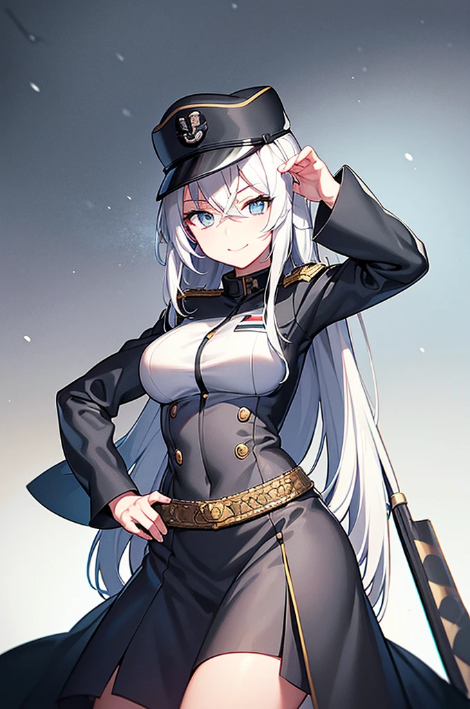 Content: An anime woman in a military uniform with a sword visible in a scabbard. She wears a hat inspired by WW2 German military generals and her design is loosely based on Erika Itsumi from Girls und Panzer. She has light blue eyes, white hair that ends halfway down her back, and knee-high military boots. Her hat has a symbol of a dragon, and she wears a confident smile. She is very mature looking. Hands on her hips. Medium: Digital art, anime illustration. Style: Pixiv contest winner, fine art, with elements inspired by historical military aesthetics and anime character design. Lighting: Dramatic, with strong contrasts to highlight her authoritative presence and the details of her uniform. Subtle shadows to add depth and realism. Colours: A palette dominated by military greens, blacks, and silvers, with the light blue of her eyes and white of her hair standing out against the darker tones of her uniform. Composition: A full body shot with a 50mm lens. The background is of a snowy background, as if a blizzard was happening behind her. She salutes to the camera
