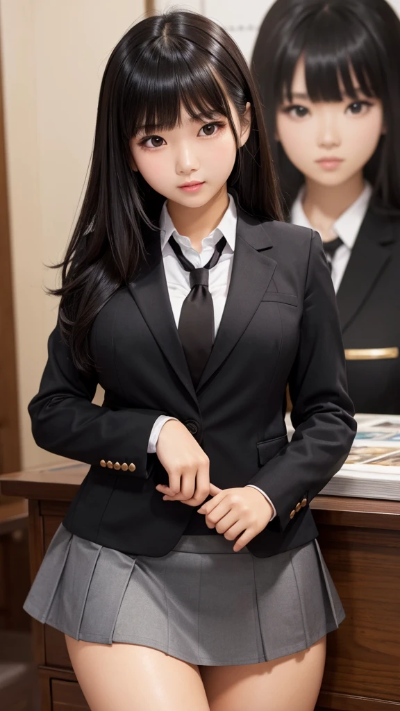 ((high quality)), ((Tabletop)), (Detailed face), (highlight),　Asian Girl、Big breasts、thigh、Black Hair、Heavy bangs、high school girl、skirt、blazer、