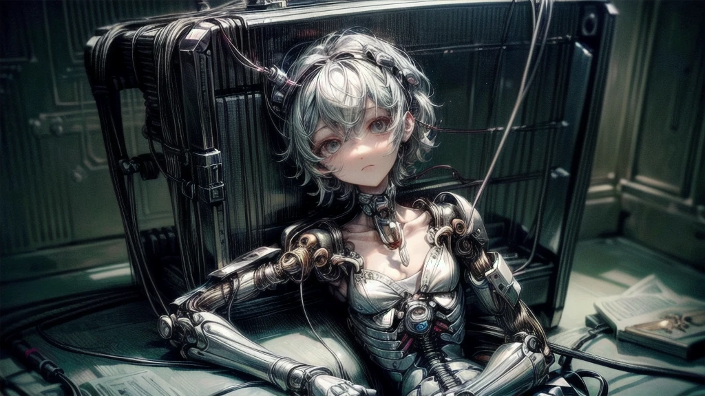 (((masterpiece))), (((Highest quality))), ((Very detailed)), (Highly detailed CG illustrations), ((Very delicate and beautiful)),(Cute and delicate face),Light,((1. Machine Girl)),alone,whole body,(Machine made joints:1.4),((Mechanical Limbs)),(Muscle swelling),(The container is connected to a tube),(Brain in a container:1.3),((Mechanical vertebrae attached to the back)),((Mechanical cervical vertebrae attached to the neck)),((Sitting)),poker face,(Wires and cables attached to head and body:1.5),Small breasts,short hair,(Character Focus),SF,Lying down,Dark shortcuts,Centering shortcuts,A devastated society,alone,