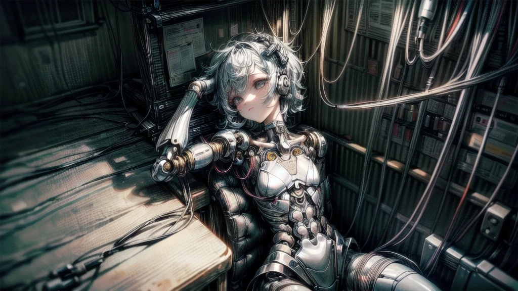 (((masterpiece))), (((Highest quality))), ((Very detailed)), (Highly detailed CG illustrations), ((Very delicate and beautiful)),(Cute and delicate face),Light,((1. Machine Girl)),alone,whole body,(Machine made joints:1.4),((Mechanical Limbs)),(Muscle swelling),(The container is connected to a tube),(Brain in a container:1.3),((Mechanical vertebrae attached to the back)),((Mechanical cervical vertebrae attached to the neck)),((Sitting)),poker face,(Wires and cables attached to head and body:1.5),Small breasts,short hair,(Character Focus),SF,Lying down,Dark shortcuts,Centering shortcuts,A devastated society,alone,