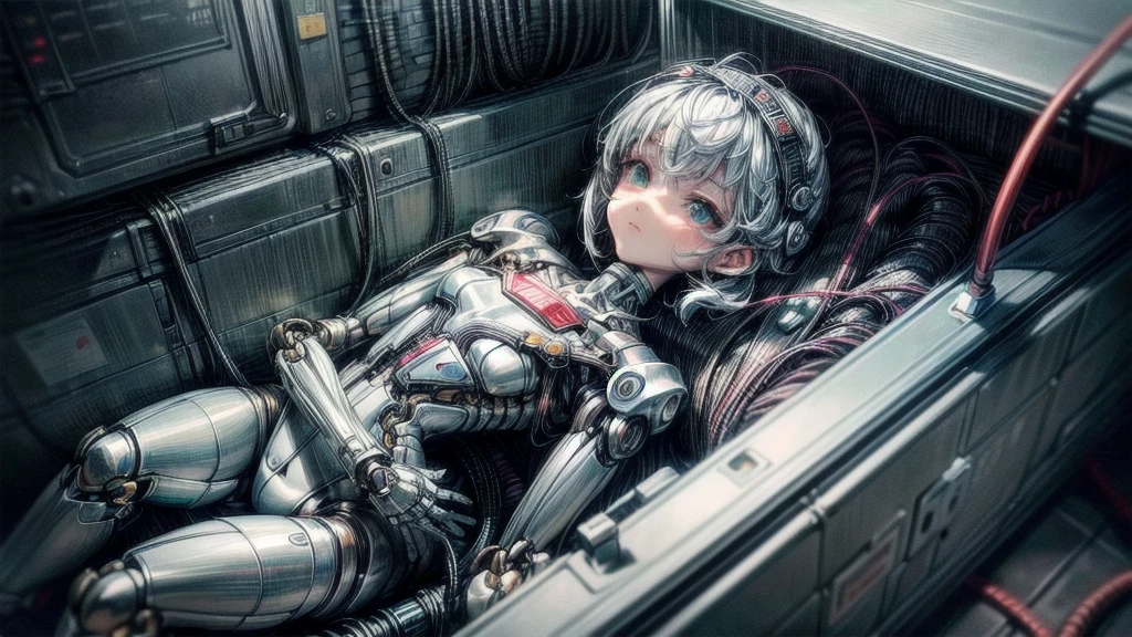 (((devilish smile))), (((Ivory suit))), (((soviet suit))), (((short Ivory haircut))), (((melhor qualidade: 1.4))), (((arm metal))), (((DuneWalker))), (((Annie Lennox))), (((post-apocalypse))), (Unbeatable masterpiece), (hiper HD),(CG 8k hiper-realista), 1Girl with a gun in a futuristic world wearing modern Soviet clothes. Corte de cabelo ultra curto e moderno, perfect body with robotic parts, seios grandes, bunda perfeita, muscles without exaggeration, rosto lindo com olhos azuis penetrantes, add textures to clothes and create something different from the usual, add accessories like garter belt, espartilho e luvas com listras, pele bronzeada e com brilho de molhado, industrial environment with giant heavy machines, Intricate machinery and giant robot parts