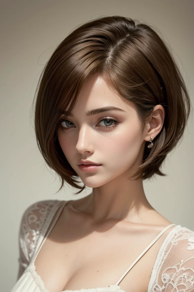 ((best quality)), ((masterpiece)), (detailed), perfect face uma mulher de 21 anos, cabelos andulados no corte micro bob com partilha, cor de cabelo marrom escuro. 