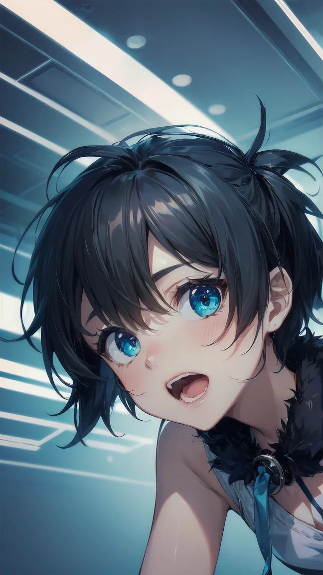 Close-up of a cartoon girl with blue hair and a yellow shirt, 2D Animation, 2D Animation style, 2D Art, 2D Art, 2D from Gorillaz, 2D from Gorillaz, 2D Gorillaz, Screaming Cerket, 2D Sprites, Jinx Face, short hair, Small breasts, hot pants, ((Black Hair, Bright blue fur inside:1.4))