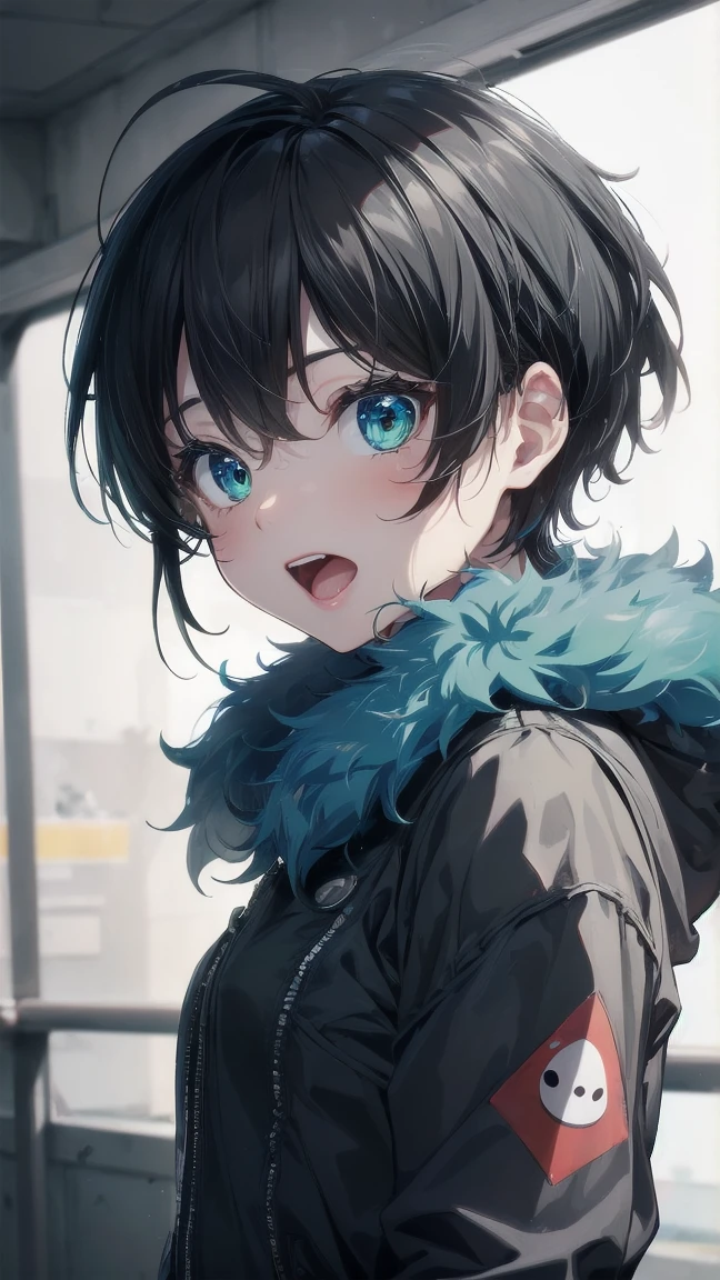 Close-up of a cartoon girl with blue hair and a yellow shirt, 2D Animation, 2D Animation style, 2D Art, 2D Art, 2D from Gorillaz, 2D from Gorillaz, 2D Gorillaz, Screaming Cerket, 2D Sprites, Jinx Face, short hair, Small breasts, hot pants, ((Black Hair, Bright blue fur inside:1.4))