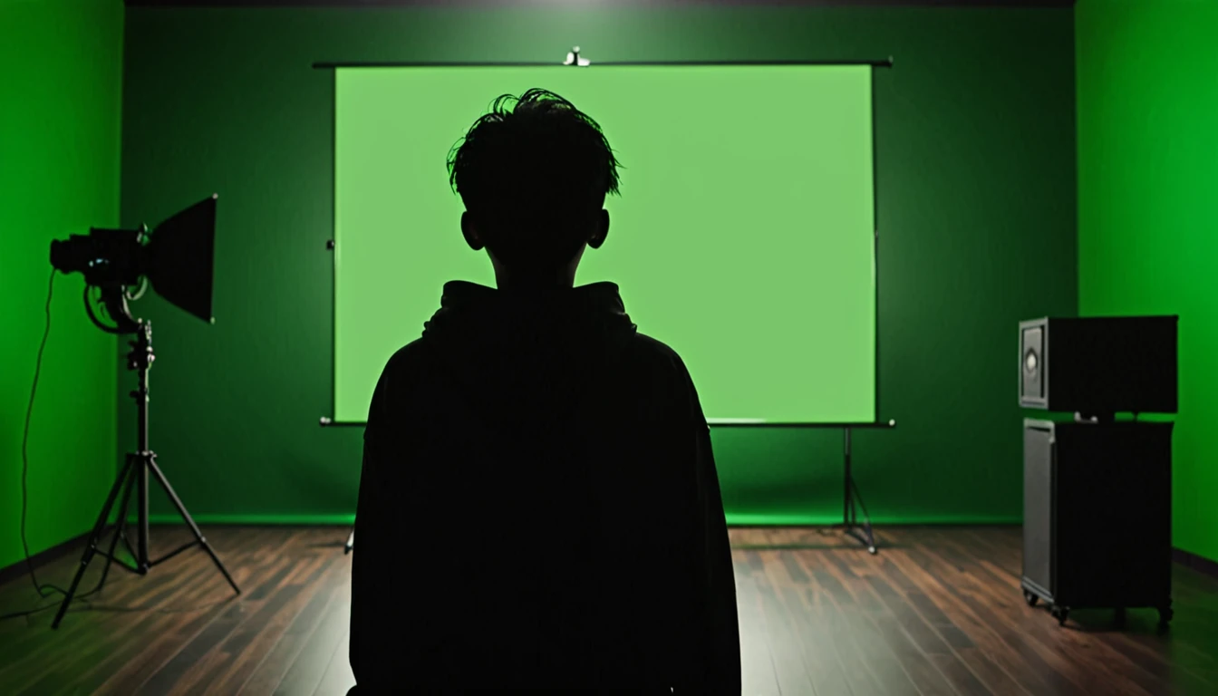 Mysterious dark boy back side watching green screen in TV background dark side view 