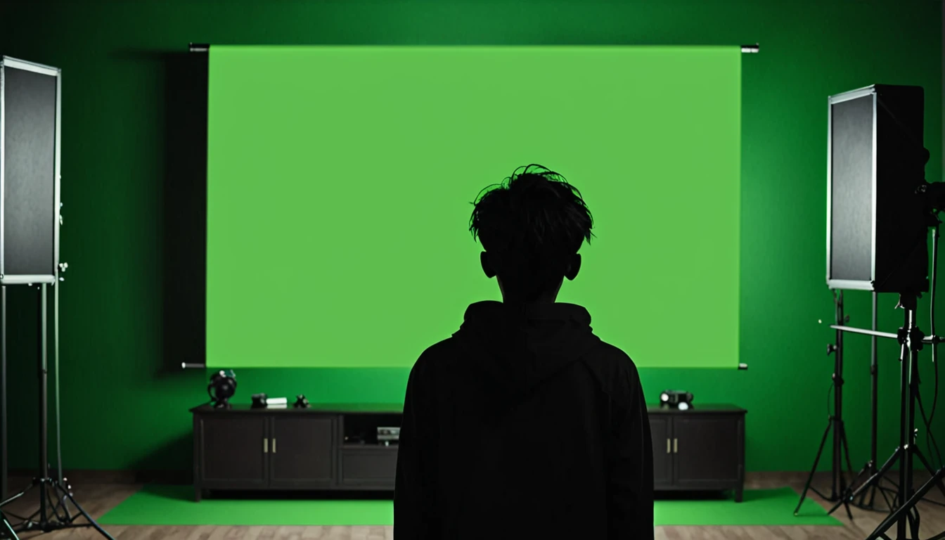 Mysterious dark boy back side watching full green screen in TV background dark