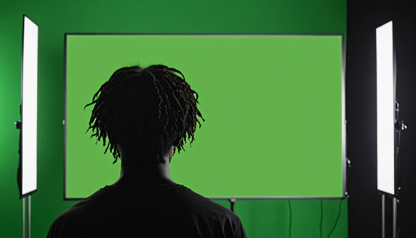 Mysterious dark boy back side watching full green screen in TV background dark 