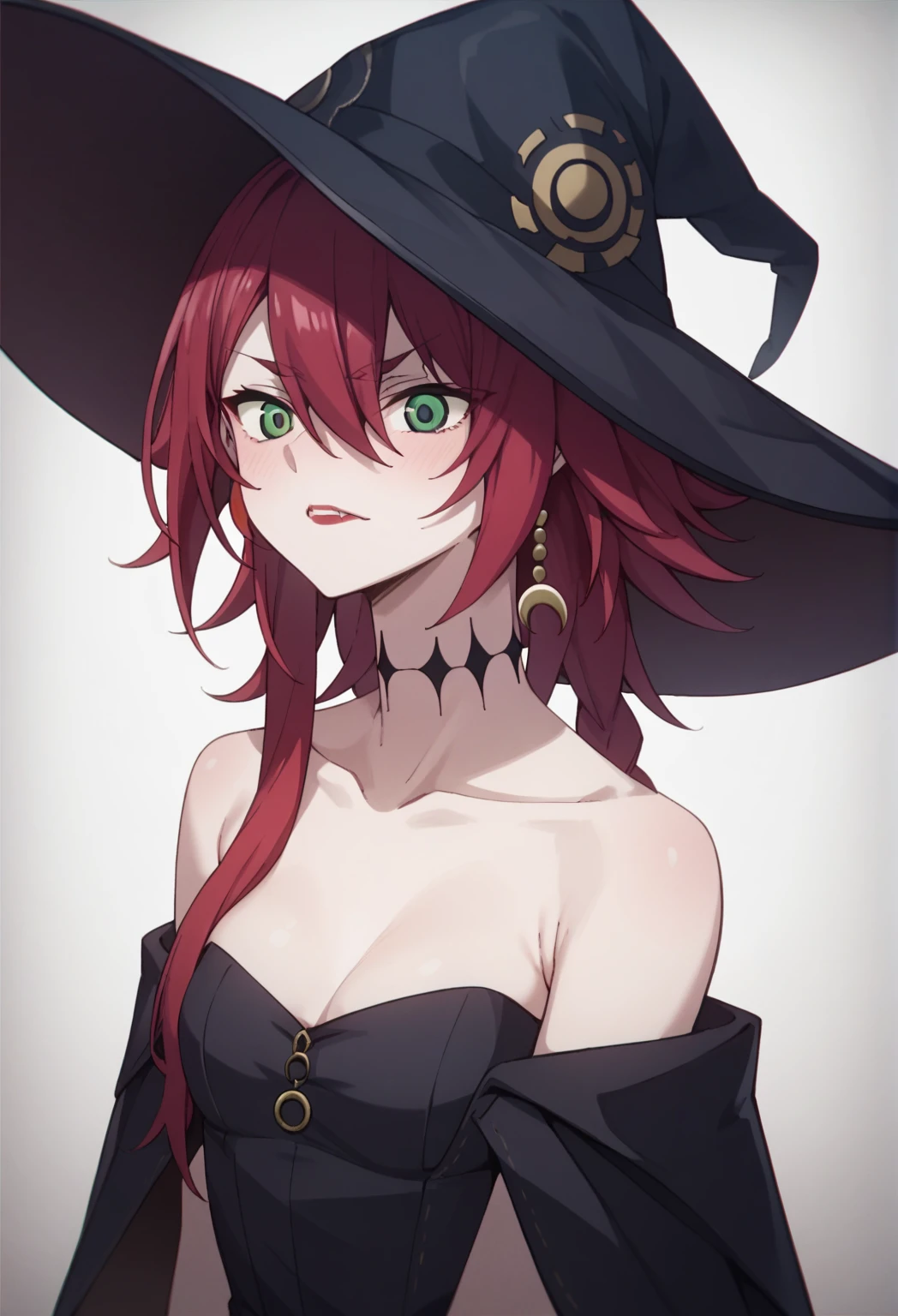 crimson, 1girl, small breasts, hat, witch hat, solo, green eyes, red hair 