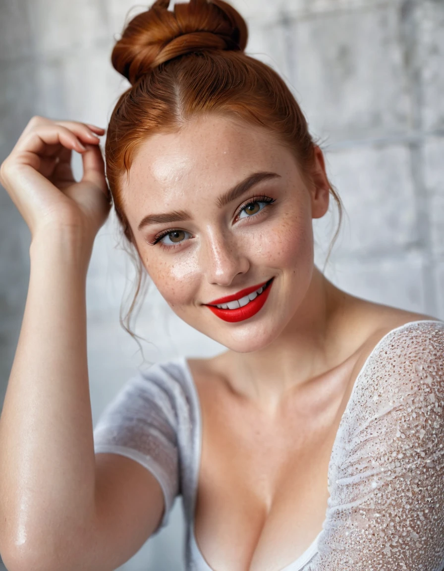 hyperrealistic beautiful busty 19-year-old woman, model shooting full body photography, natural redhead classic bun, freckles, soaky wet skin, dark eye makeup with eyeliner, seductive smile, red lips, 8K, Best quality, Meisterwerk, ultra high resolution, (Realismus: 1.4), Originalfoto, (realistische Hautstruktur: 1.3), (Filmkorn: 1.3), (Selfie-Winkel), 1 girl, Beautiful round hazel eyes and facial details, Meisterwerk, Best quality, indoor photography, showing armpit, arms up, 