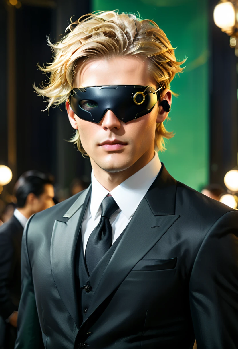 Arafed a picture of a human male spy, wearing dark suit, wearing ((mecha eyepatch)), ((eyepatch covering only one eye: 1.5))exquisite beautiful male, blond hair, short crop hair, green eyes, eye patch has intricate mechanical part in it, high society gala event background, (Masterpiece: 1.5), 16k, highres, best quality, high details, ultra detailed, masterpiece, best quality, (extremely detailed),