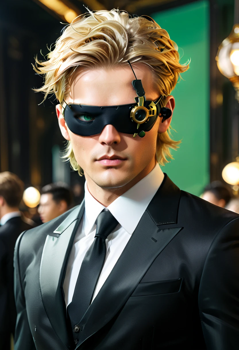 Arafed a picture of a human male spy, wearing dark suit, wearing ((mecha eyepatch)), ((eyepatch covering only one eye: 1.5))exquisite beautiful male, blond hair, short crop hair, green eyes, eye patch has intricate mechanical part in it, high society gala event background, (Masterpiece: 1.5), 16k, highres, best quality, high details, ultra detailed, masterpiece, best quality, (extremely detailed),