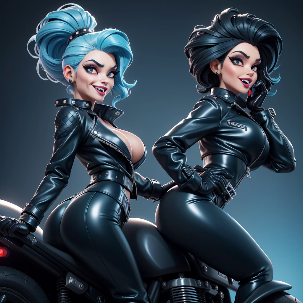 obra prima, melhor qualidade, (cruella deville, ilhan omar, vamp 70yo face wrinkles,) head back, sassy wicked girl, big toothy smile, open mouth, maniacal, extreme, thick smoky black eye shadow, long fake eyelashes, raven black mullet hair, ((metallic sky blue pvc biker jacket and pants,)) with studs zippers snaps, shiny leather gloves, body is skinny, riding motorcycles, shiny tight buttocks, dazzle, pinup, exaggerated selfie, lap dance, camera view of whole body, looking up at me, shallow depth of field, highres, HD, 8k, anatomically correct