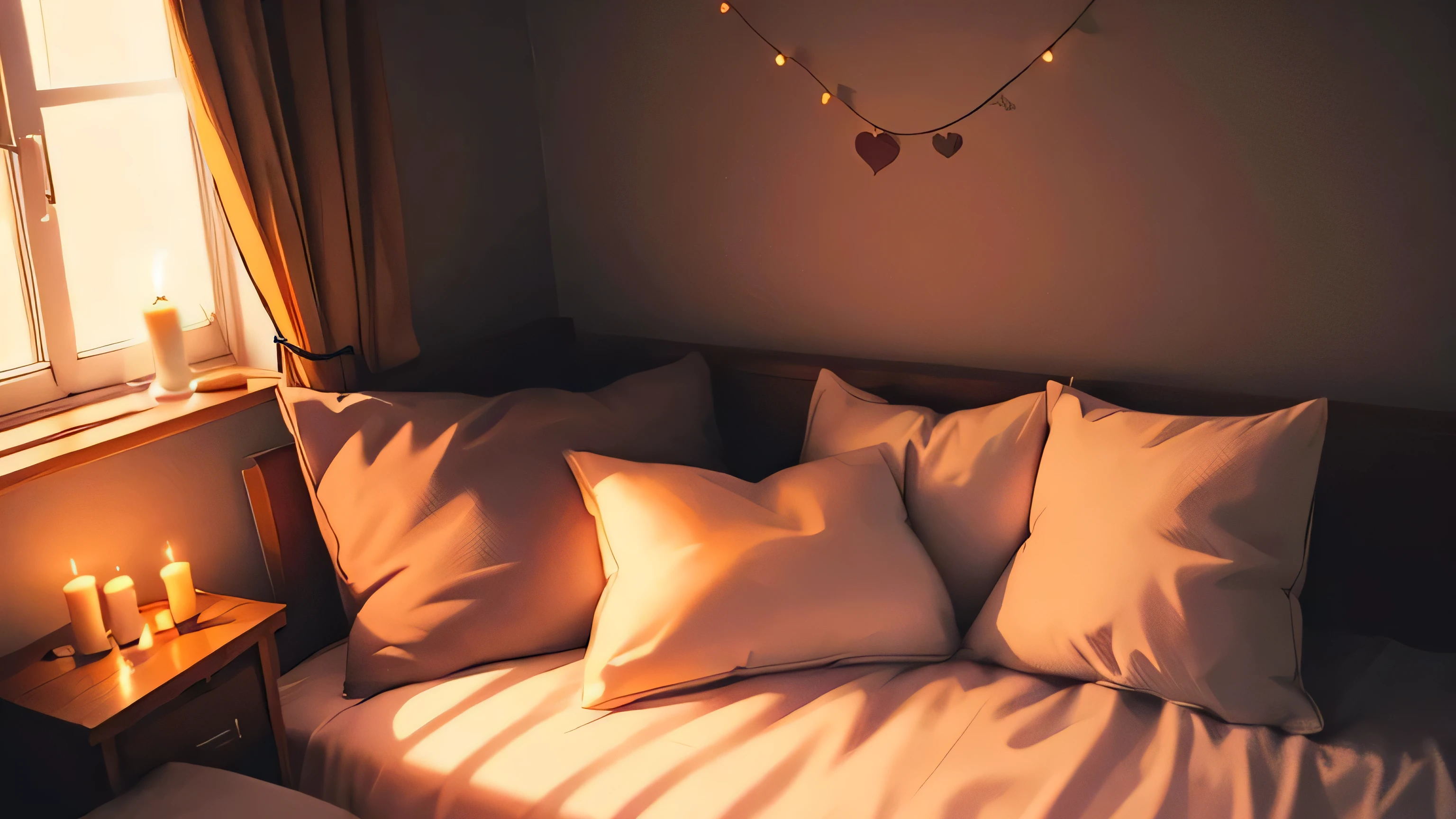 dimly lit bedroom, candles, heart pillows, blunt