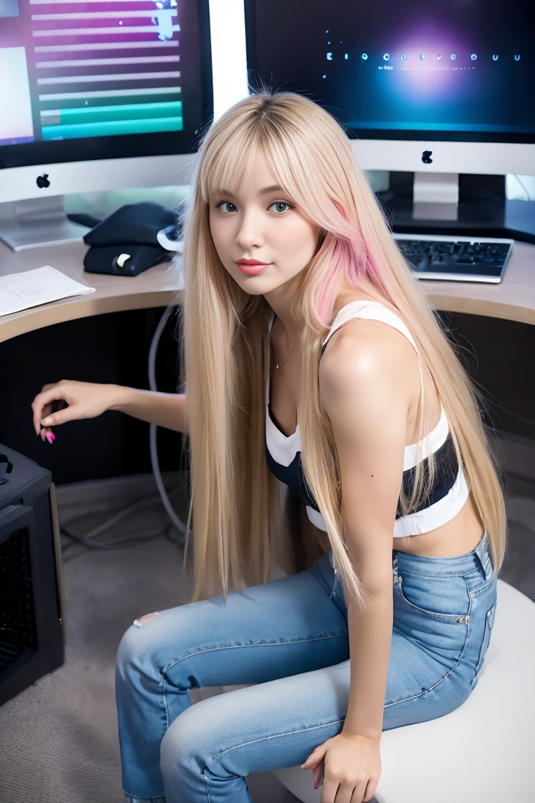 Dans une jolie chambre aux couleurs pastel, an 18 year old blond long-haired gyaru girl sits in front of a computer. Elle porte un trop top et un pantalon court en jean.. Elle a une expression confuse, inclinant la tête face à un message d'error at'screen. Des peluches et des affiches l’entourent, create a cute, Ambiance chambre girly,(Chef-d'premium photorealistic artwork: 1.4), (Photo RAW ultra haute résolution: 1.3), (Yeux clairs symétriques haute résolution: 1.3), Fille japonaise 1 Nom, chienne, poussin, 18 ans, (dark purple eyeshadow cheeks: 1.3) ), (blond eyebrows: 1.2), blond, chienne, Red lips, (gros décolleté voyant: 1.2),( Angle de courbure: 1.1),CASSER, (beautiful detailed background: 1.2), gros seins!!