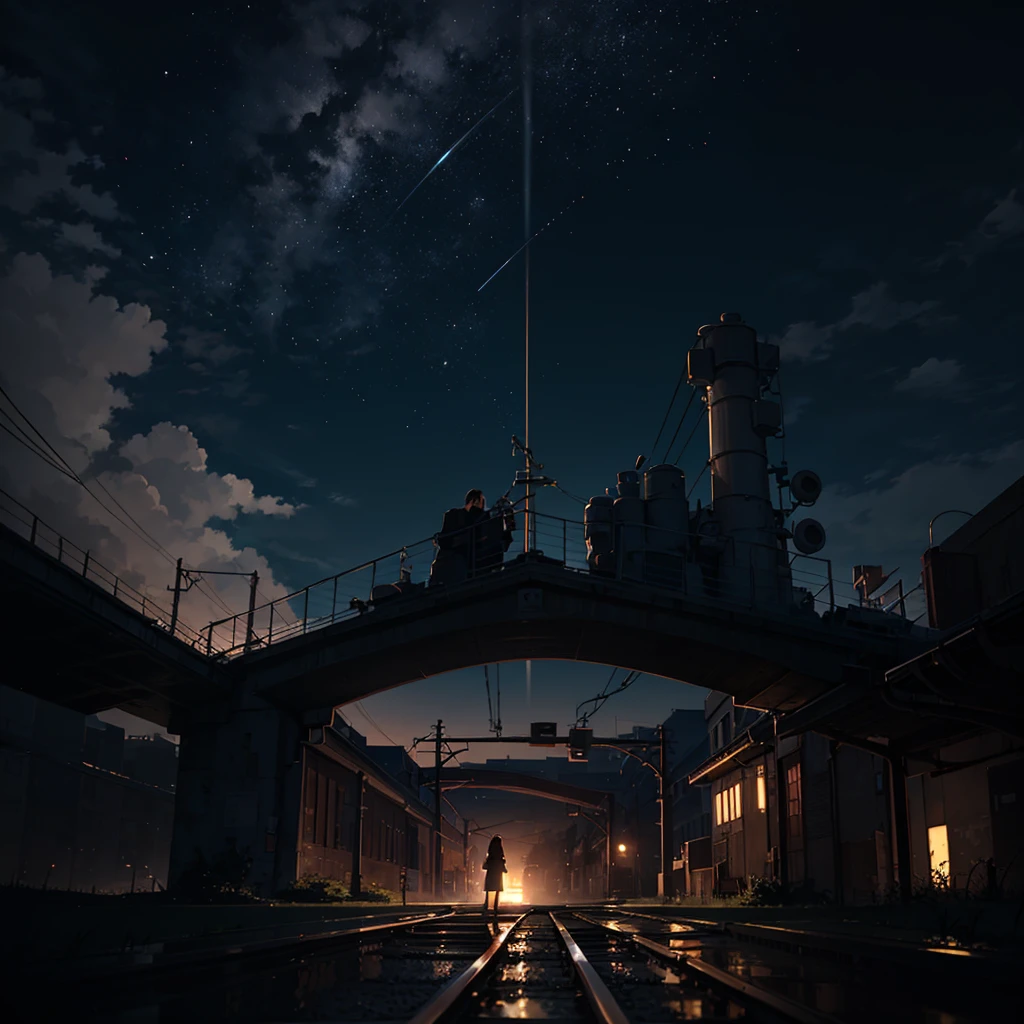 High quality masterpiece ,landscape,Animated train passing through water on the tracks, Shining starry sky。Romantic Train,irritating,Concept Art,Lofi Art style,Reflective plate。 by Makoto Shinkai, Lofi Art, Beautiful anime scene, アニメのlandscape, 詳細なlandscape, In the style of Makoto Shinkai, Makoto Shinkai's Style,Detail enhancements。