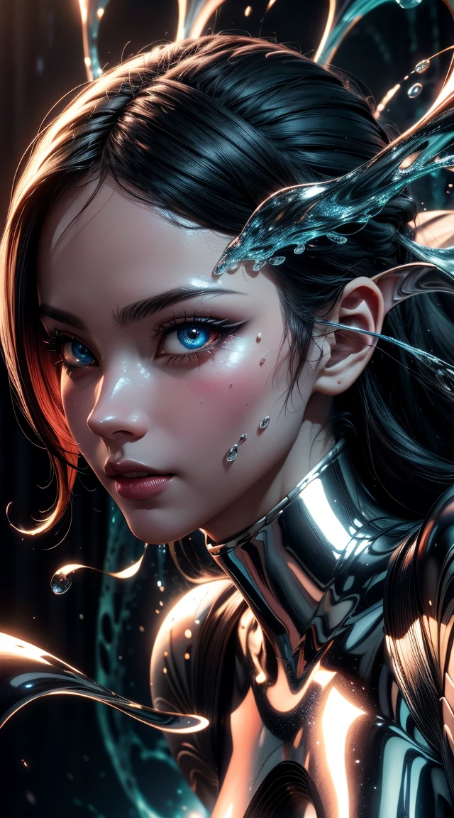 highly detailed full body portrait, erotic pose, beautiful succubus, wearing a metallic dripping liquid bodysuit, silver fluid bodysuit, red fluid bodysuit, vfx film, flowing liquids, fluidic dynamics, 3 d fluid simulation render, octane redshift, schlieren flow visualisation, swirling liquids, red and silver color palette 8k, abstract liquid, fluid simulation, ultra detailed, (masterpiece), (best quality), (detailed lighting) (anatomically correct), (hyper-intricate-fine-detailed), (beautiful-face-detailed), (beautiful-eyes-detailed), (high res), (accuracy), 8k, (raytraced), UHD