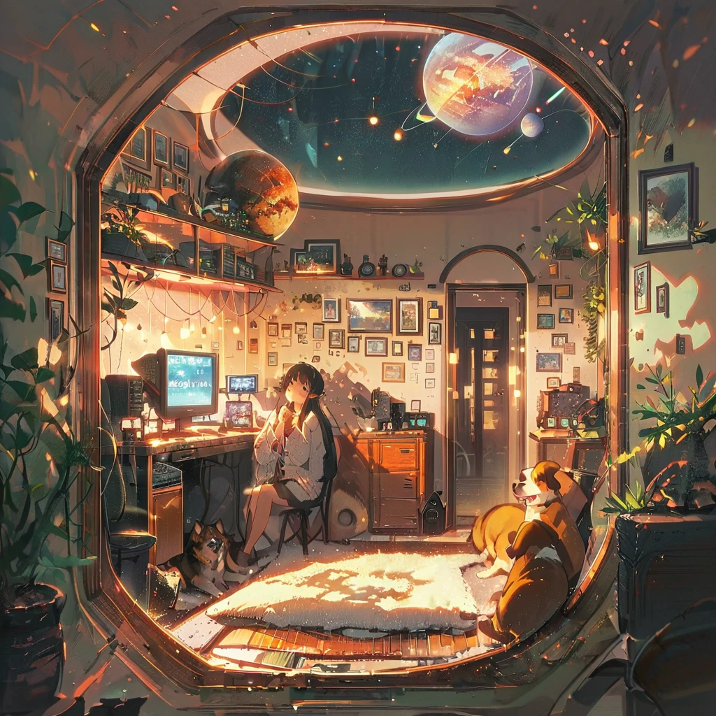 ((anime:1.4,illustration)),(masterpiece, top quality, best quality),(ultra-detailed, absolutely resolution),((16k, high res)),
(((Interior, small living room, Planetarium on the ceiling, boy and dog looking up))
((cosy lofi illustration:1.4)), ((anime:1.4, illustration)),(masterpiece, top quality, best quality),(ultra-detailed, absolutely resolution),((16k, high res)) BREAK {lofi art, style of Laurie Greasley, style of Makoto Shinkai, anime aesthetic}, BREAK { (produces images with information than 40 million pixels with cinematic-like detailed textures shot on a Sony SLR).}