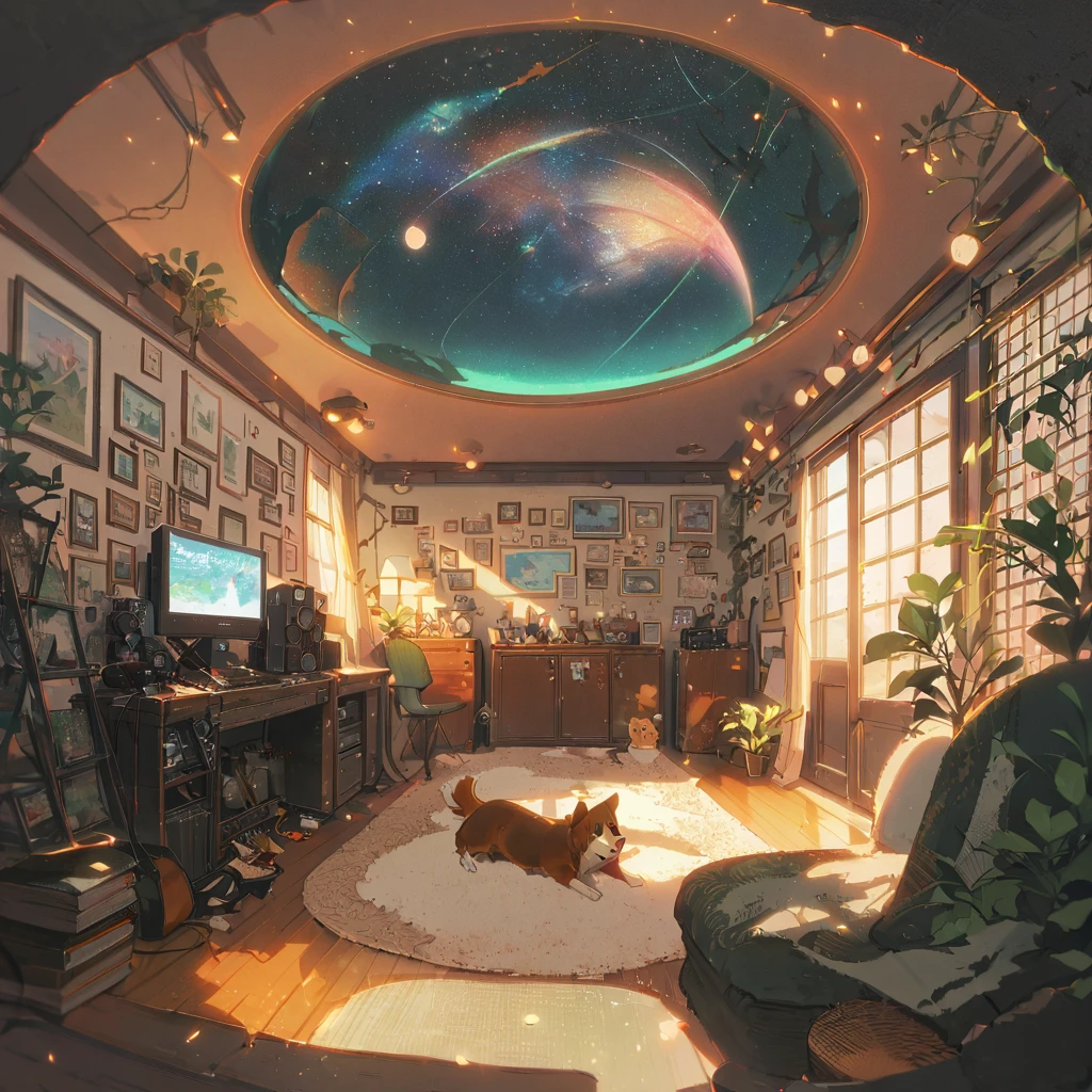 ((anime:1.4,illustration)),(masterpiece, top quality, best quality),(ultra-detailed, absolutely resolution),((16k, high res)),

(((Interior, small living room, Planetarium on the ceiling, boy and dog looking up))

((cosy lofi illustration:1.4)), ((anime:1.4, illustration)),(masterpiece, top quality, best quality),(ultra-detailed, absolutely resolution),((16k, high res)) BREAK {lofi art, style of Laurie Greasley, style of Makoto Shinkai, anime aesthetic}, BREAK { (produces images with information than 40 million pixels with cinematic-like detailed textures shot on a Sony SLR).}