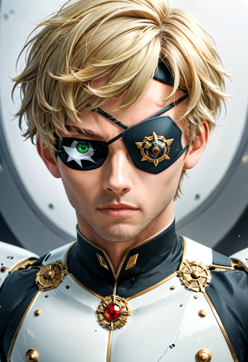 Arafed a picture of a human male spy, wearing dark suit, wearing ((mecha eye patch)), ((eye patch covering only one eye: 1.5))exquisite beautiful male, blond hair, short crop hair, green eyes, eye patch has intricate mechanical part in it, high society gala event background, (Masterpiece: 1.5), 16k, highres, best quality, high details, ultra detailed, masterpiece, best quality, (extremely detailed),