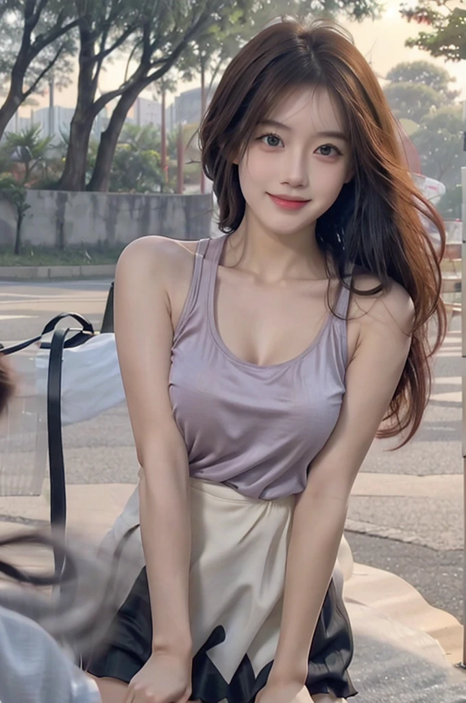 8K Super Resolution、Beauty、One Woman、Dark Brown Hair:1.1、Highly detailed face、Lips detail、important、(Eyes meet)、double eyelid、Princess Eyes、Beautiful Japanese Women、Beautiful Japanese Women、Sensual lips、Bewitching body、20th Generation、(21 years old)、far and near method、 Realistic Japanese women、Wearing a super realistically detailed stylish silk tank top and mini skirt、Hair blowing in the wind、I can see your chest、Crisp images、The delicate sparkle of the eyes、Ultra-realistic detailed park with river、リアルで詳細なBeautiful breasts、color々Hair style、Smiling with a nice smile、Beautiful breasts、