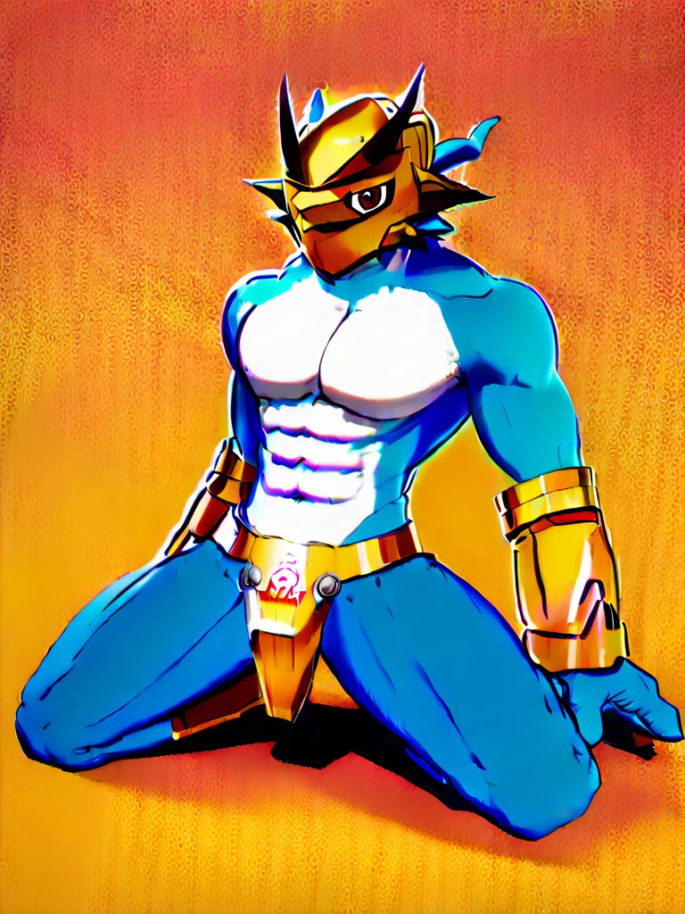 solo,angry Magnamon,tall, (musclar:1.5),blue and white skin,(battle damaged:1.5),(topless Magnamon:2),(armor fragments:1.5),(shirtless:1.5), fighting_stance, in desert ,full_shot