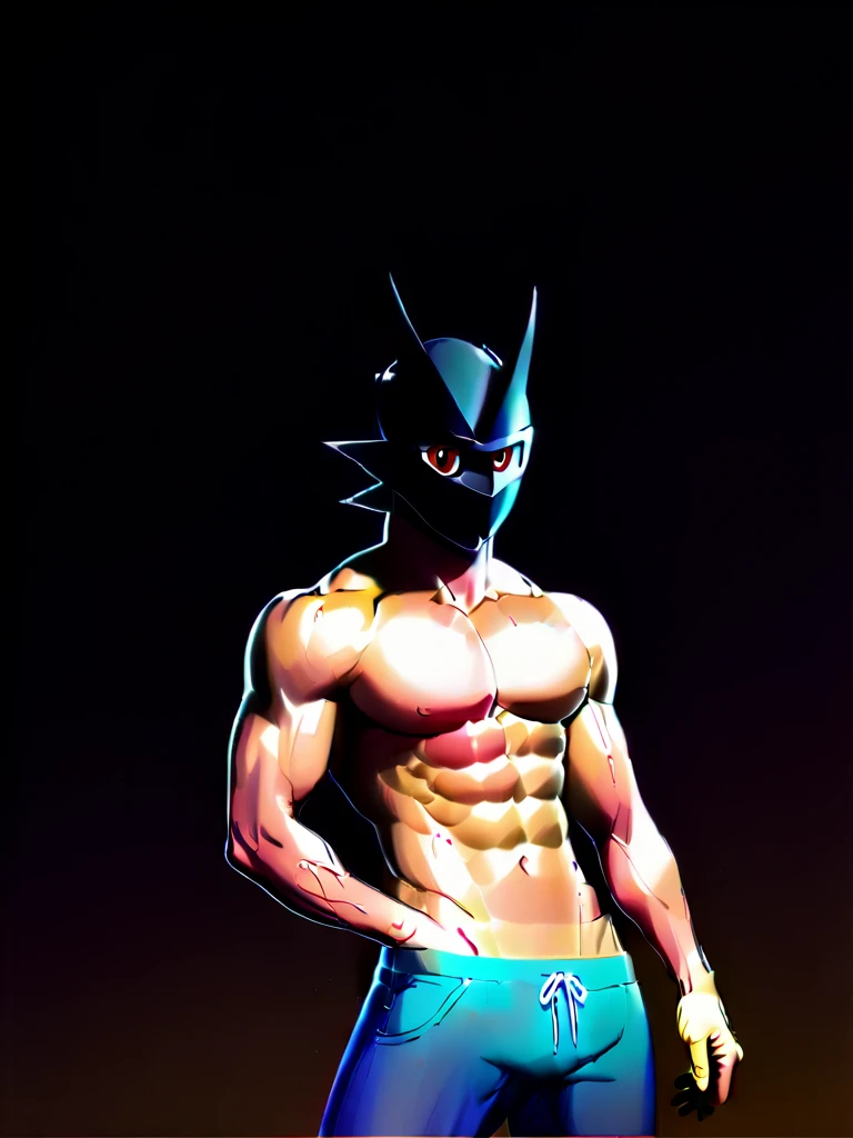 solo,angry Magnamon,tall, (musclar:1.5),blue and white skin,(battle damaged:1.5),(topless Magnamon:2),(armor fragments:1.5),(shirtless:1.5), fighting_stance, in desert ,full_shot