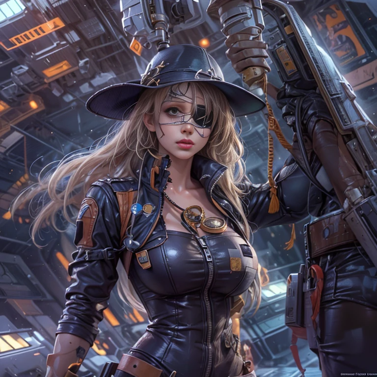 (Eyepatch on left eye:1.８)、(Cowboy Shot:1.4)、Beautiful Young Woman Space Pirate、Beautiful detailed right eye、Long detailed eyelashes、Dreadlocks、Ideal proportions、Large Breasts、Spaceship、Spaceport、arms、gun、knife、sword、Sensual pose、Provocative pose、(Highest quality、4k、8k、High resolution、masterpiece:1.2)、Super detailed、(Real、Photorealistic、Photorealistic:1.37)、Cinematic lighting、Dramatic lighting、Bright colors、Very detailed、SF、cyber punk、Digital Art、mynatalee woman