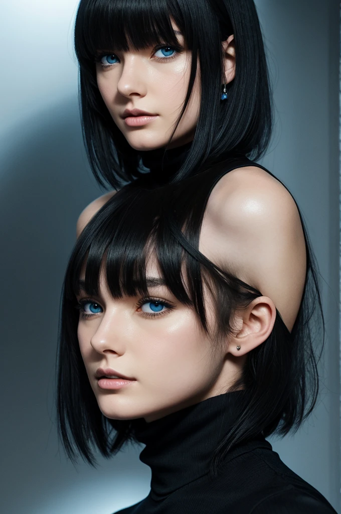 Draw an anime female, with cool tones, in the dark, with short black hair, with her bangs looking long to abive nose, and some hair strands below her ear. Blue eyes that shine in the dark, pale skin that looks soft, with a black turtleneck leather with no sleeves. The female looks serious but in a position of getting ready for battle.