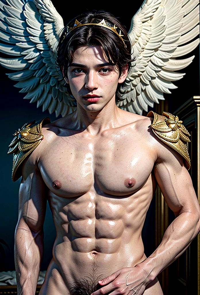 Homem romano realista beleza masculina nariz fino labios carnudos queixo qyadrado diamante. With angel wings on golden heads. Corpo completo virilha volumosa penis grande mala volume sexy