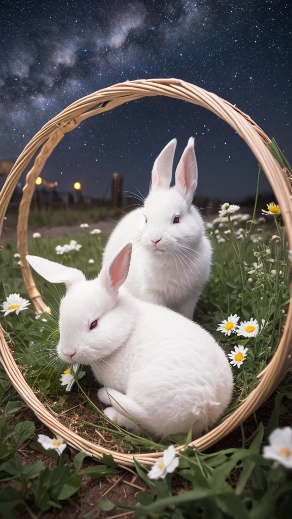 A high-quality image of a white rabbit sleeping peacefully under a starry night sky, with a cute and serene expression that would be soothing and adorable for viewers of all ages.